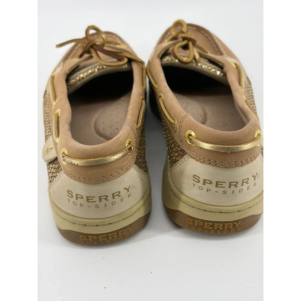 Sperry Angelfish, Tan/Gold Leather Glitter Boat Shoes, Women's Size 7, Pre-Owned
